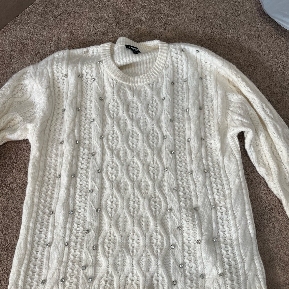 Express off white  Cable Knit Sweater with Silver gemstones